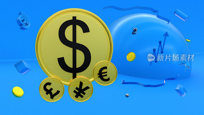 Gold-plated coin with a dollar symbol rises above coins with symbols of other currencies on a blue background with abstract figures, arrows and graphs. Business and finance, Forex. 3D rendering
